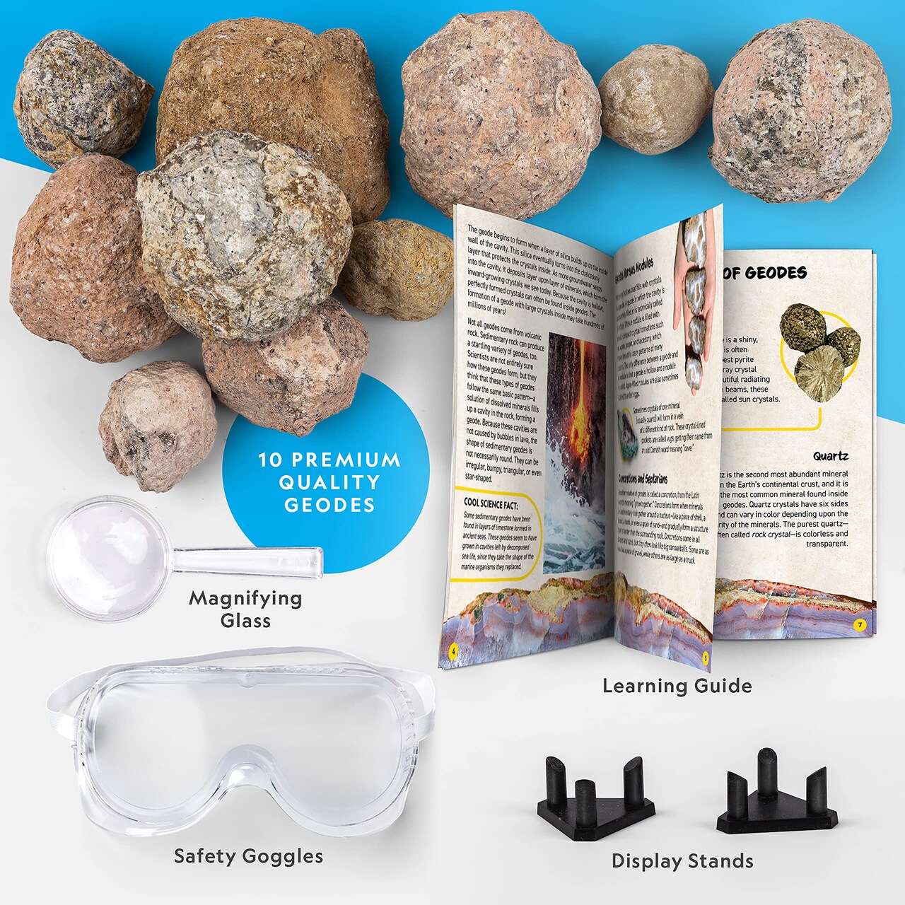 Break Open 10 Premium Geodes - Includes Goggles and Display Stands - Great STEM Science Kit, Geology Gift for Kids, Geodes Rocks Break Your Own, Toys for Boys and Girls